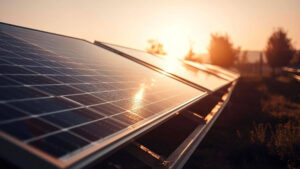 Landscape with solar panels during a sunset